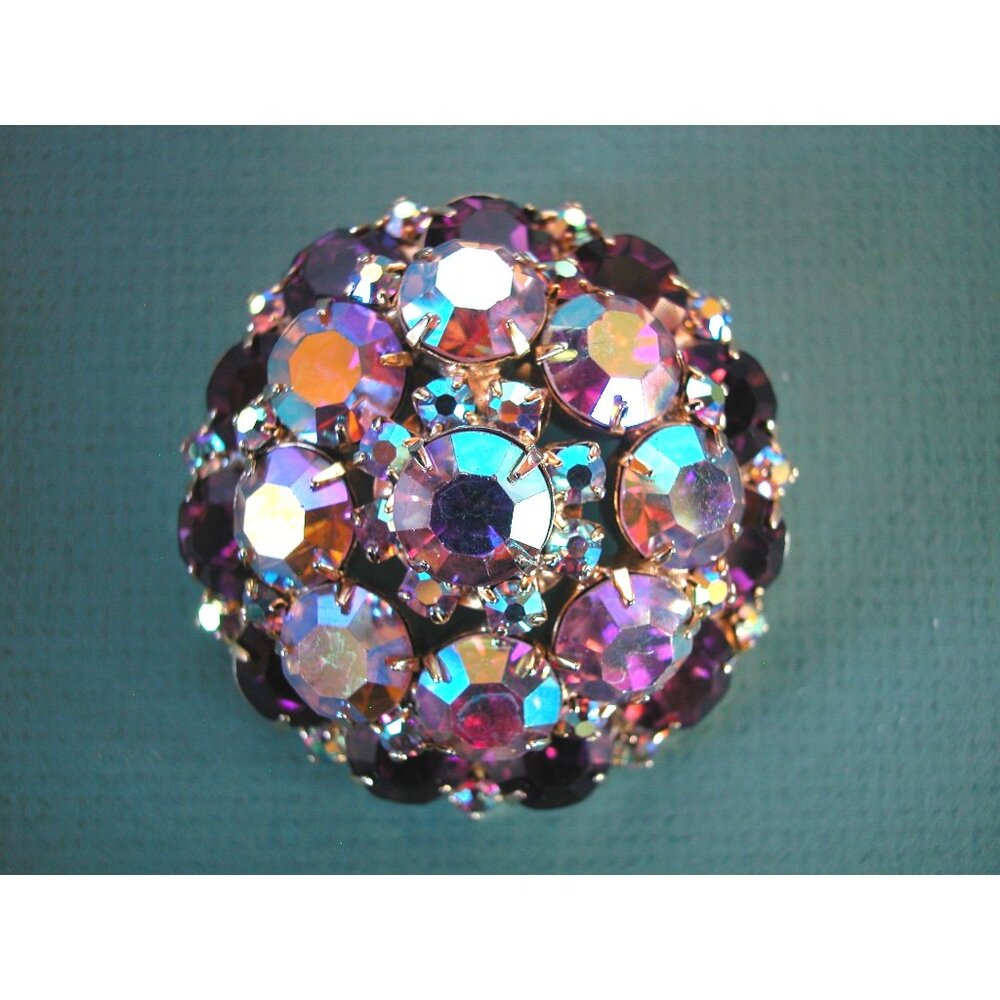 Vintage Unmarked Purple Rhinestone Triple Circle Brooch Aurora Borealis.